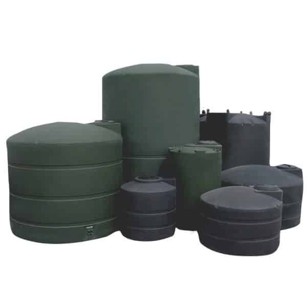 The image displays various sizes of vertical poly water storage tanks, available in black and green.