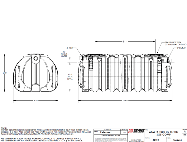The image displays a line drawing of a NexGen D2 1000 Gallon Septic Tank, featuring a single compartment. Dimensions are 60” in diameter, 51” in height, and 127” in length.