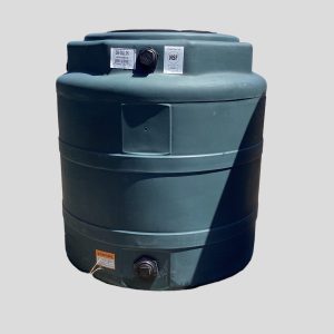 The image shows a green vertical water storage tank.