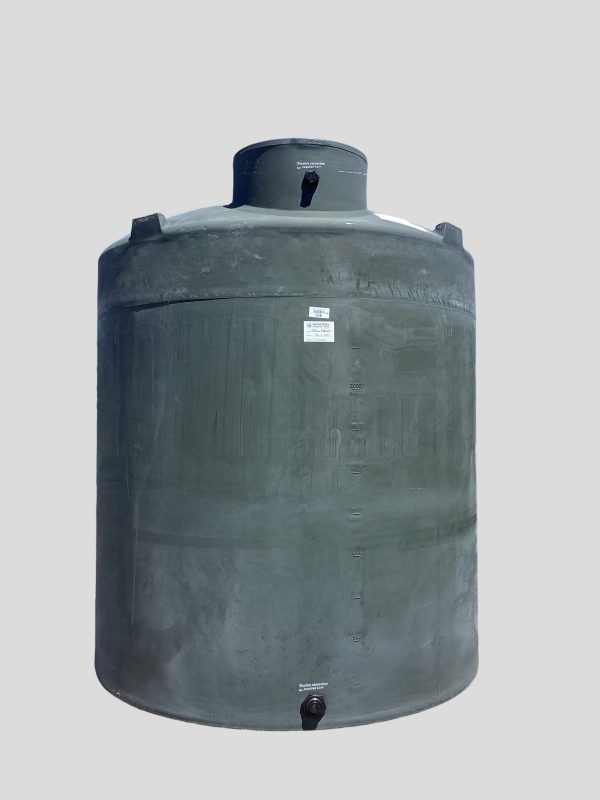 The image displays a vertical water storage tank that is green in color.