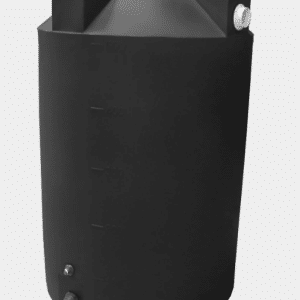 The image shows a black 500-gallon rain harvesting poly water tank measuring 48 inches in diameter and 71 inches in height.