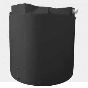The image shows a black 2,500-gallon rain harvesting poly water tank, measuring 96 inches in diameter and 95 inches in height.