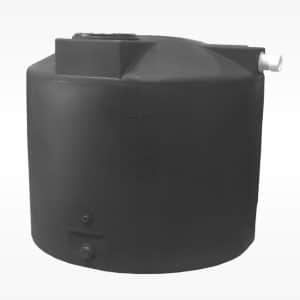 The image shows a black 1,000-gallon rain harvesting poly water tank measuring 75 inches in diameter and 65 inches tall.