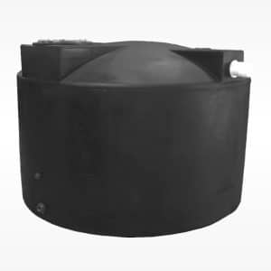 The image depicts a black 1,500-gallon rain harvesting poly water tank measuring 90" in diameter and 64" in height.