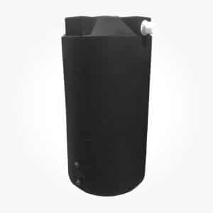 The image shows a black 250-gallon rain harvesting poly water tank, measuring 36" in diameter and 67" in height.