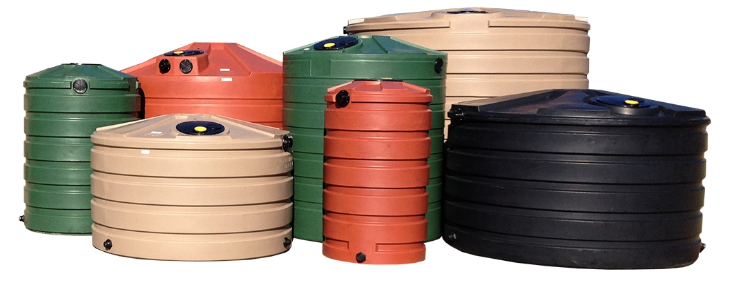 The image shows plastic/poly water storage tanks available in various colors and sizes.