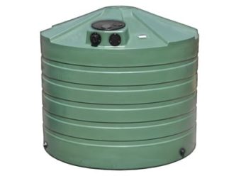 The image shows a green rainwater harvesting tank.